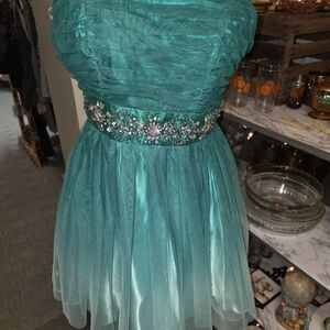 B Darlin Teal Formal Ombre Dress with Sparkling Waist